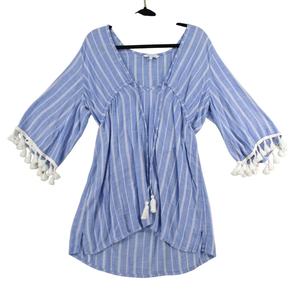Blue Island Womens Large Tunic Top Blue White Striped Tassel Bell Sleeve V-Neck